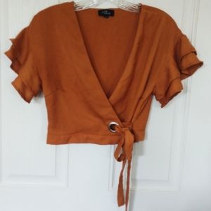 Milk & Honey Crop Top Tie Wrap Cognac Women's S Cap Flowing Sleeves Layering